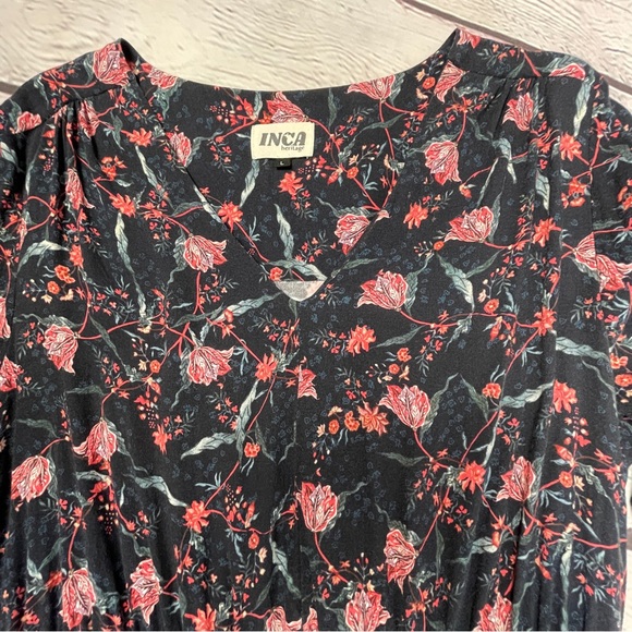 INCA HERITAGE Shallis v-neck floral midi summer dress drawstring sleeves size L - Picture 6 of 14